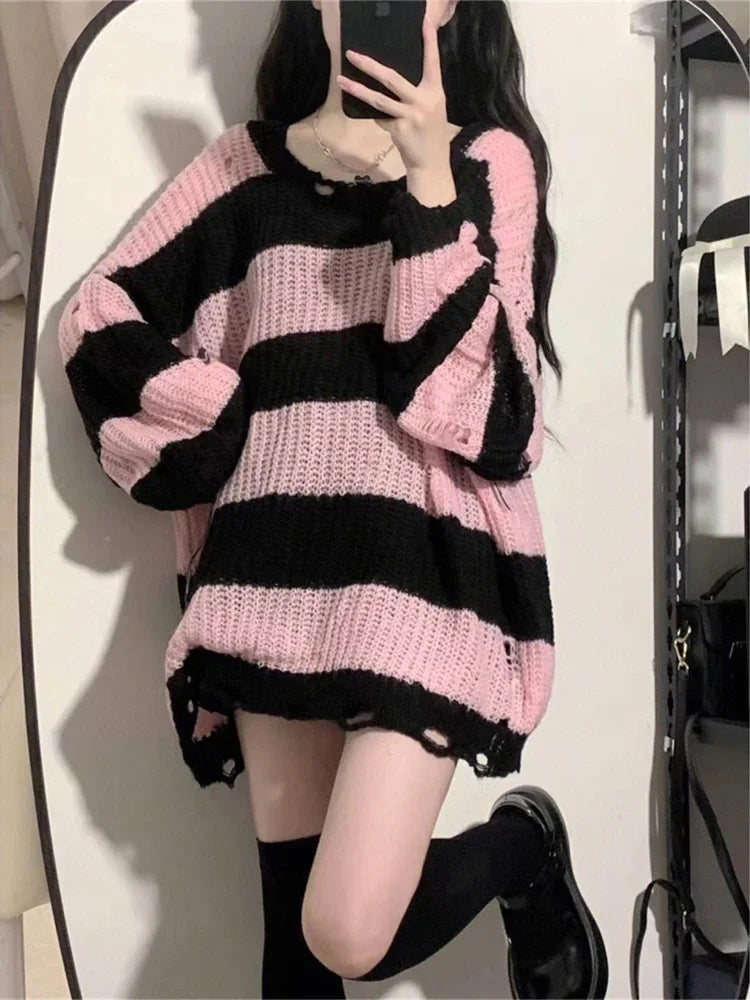 Deeptown Y2K Pink Striped Vintage Knitted Sweater