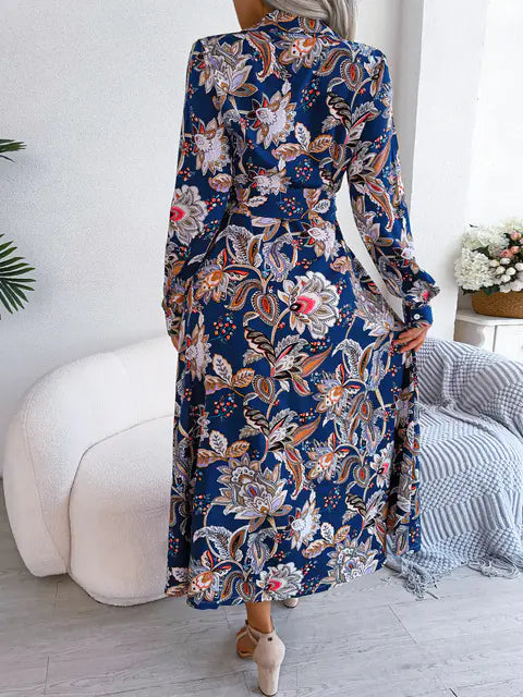 Retro Flower Print Long Sleeve Dress for Women 2023