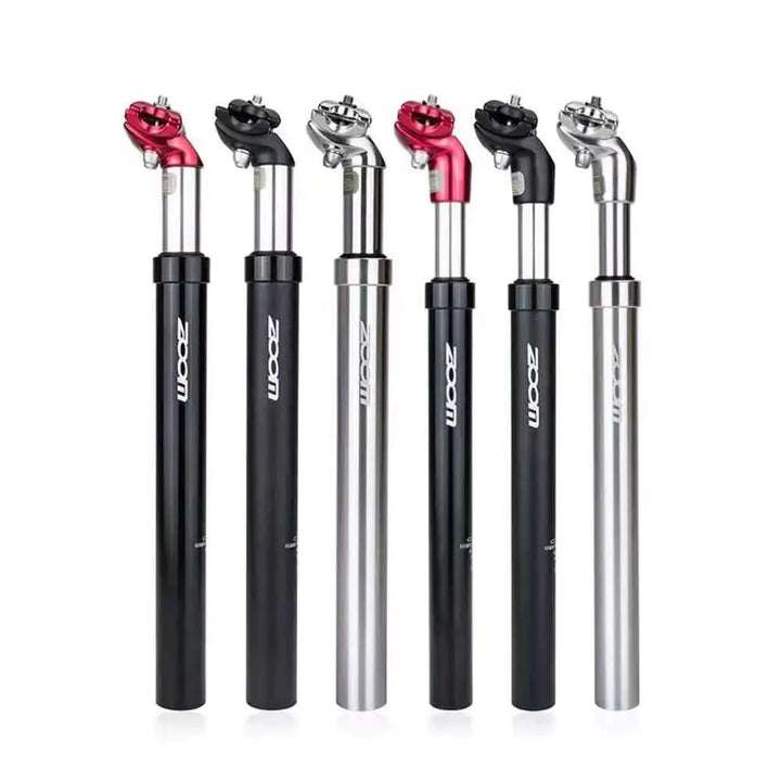 Set of six bicycle seatposts with different colors and ZOOM branding on a white background