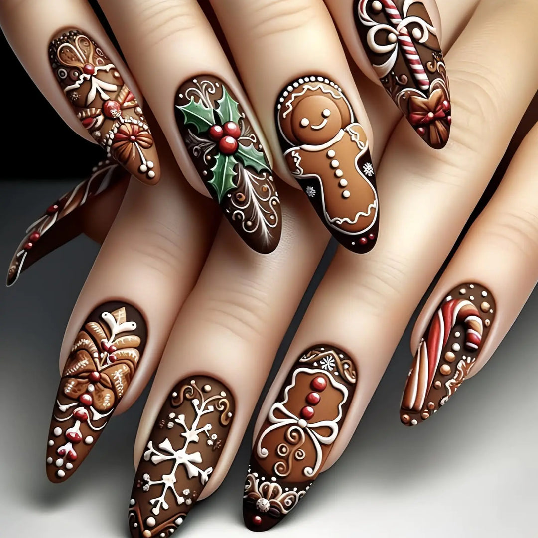 Nails with festive gingerbread design on a neutral background