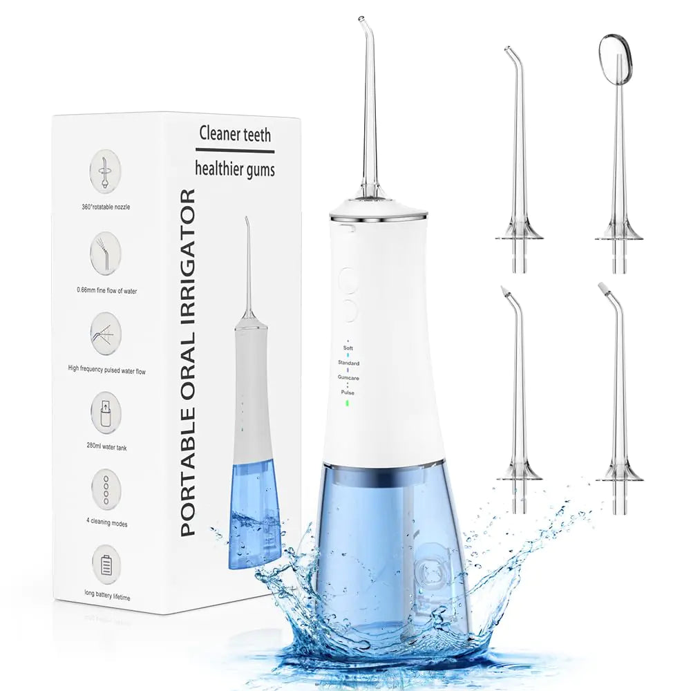 Portable oral irrigator with water splashing effect and packaging on a white background