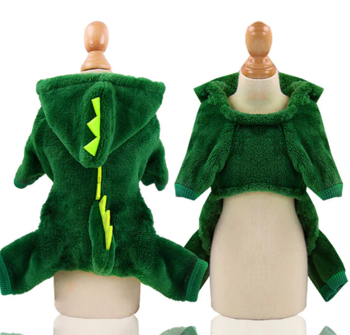 Green dinosaur-themed hoodie on a mannequin with a white background