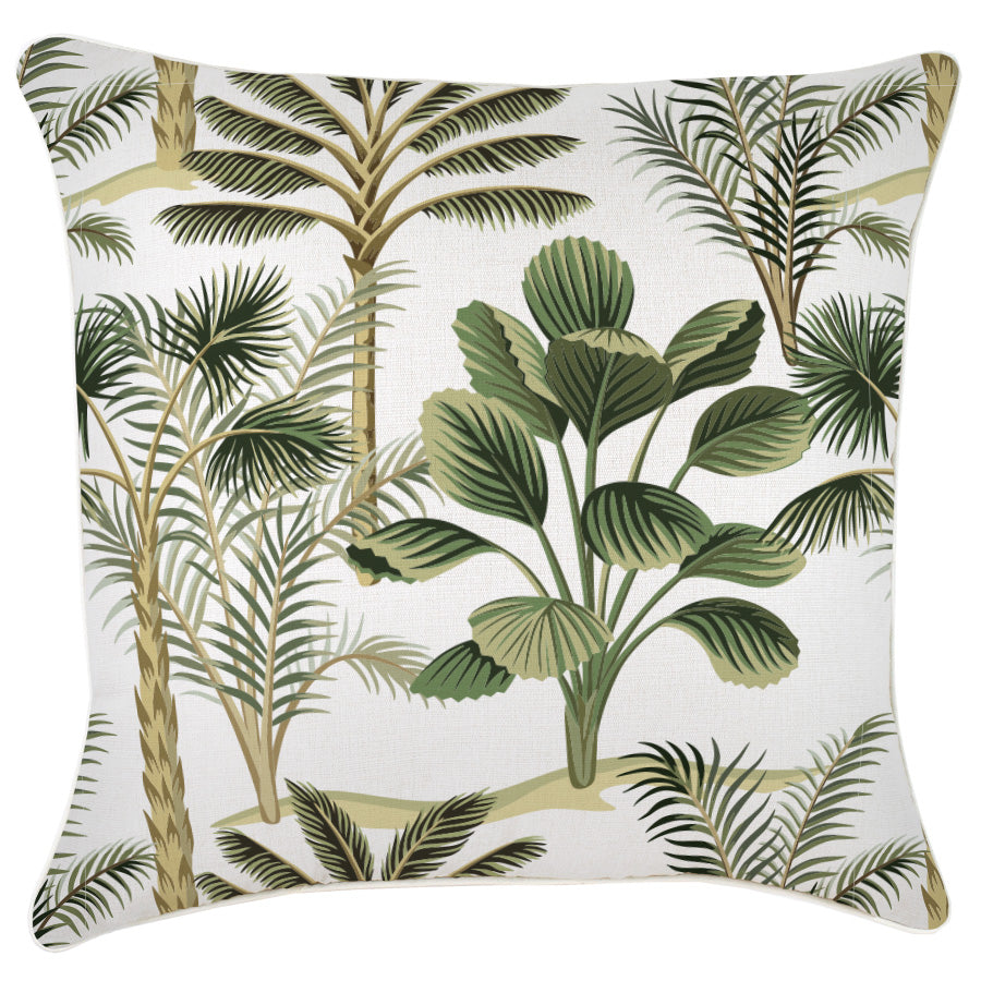 Decorative pillow with tropical leaf pattern on a white background