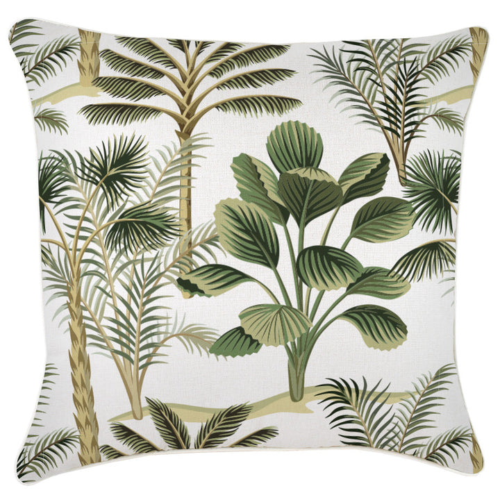 Decorative pillow with tropical leaf pattern on a white background