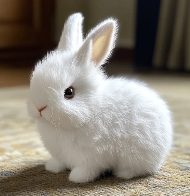 White rabbit on a carpeted floor with a blurred background
