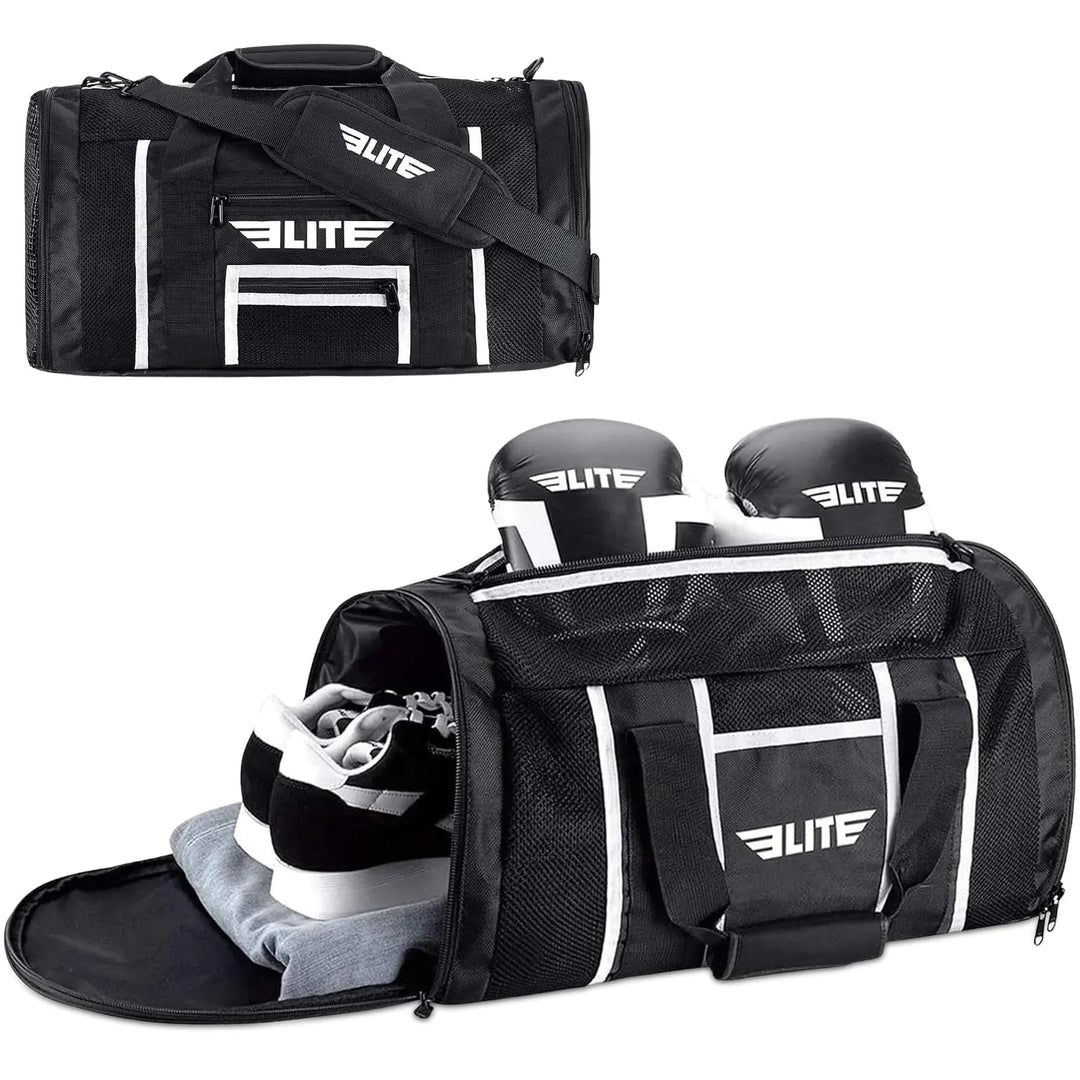 Black sports bag with white Elite logo, containing shoes and headgear, on a white background.