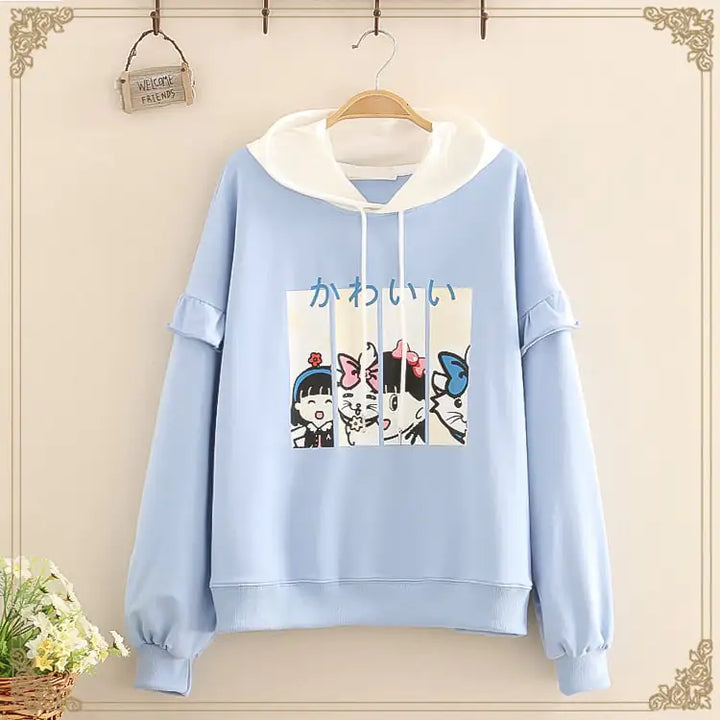 Casual Hoodies with Ruffles and Cartoon Print Cotton
