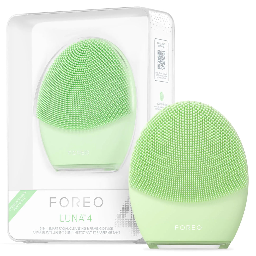 FOREO Luna 4 green facial cleansing device with packaging on a white background