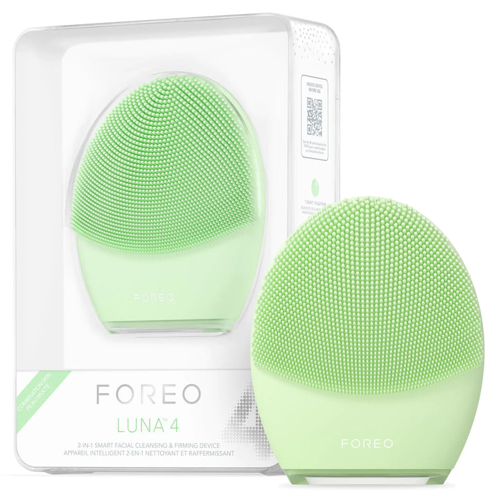 FOREO Luna 4 green facial cleansing device with packaging on a white background