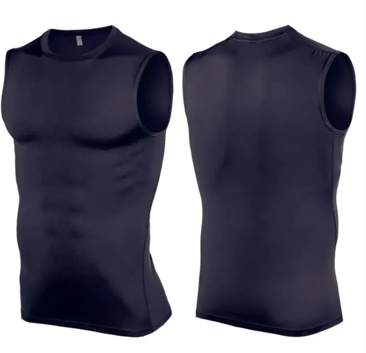 Black sleeveless shirt shown from front and back on a white background