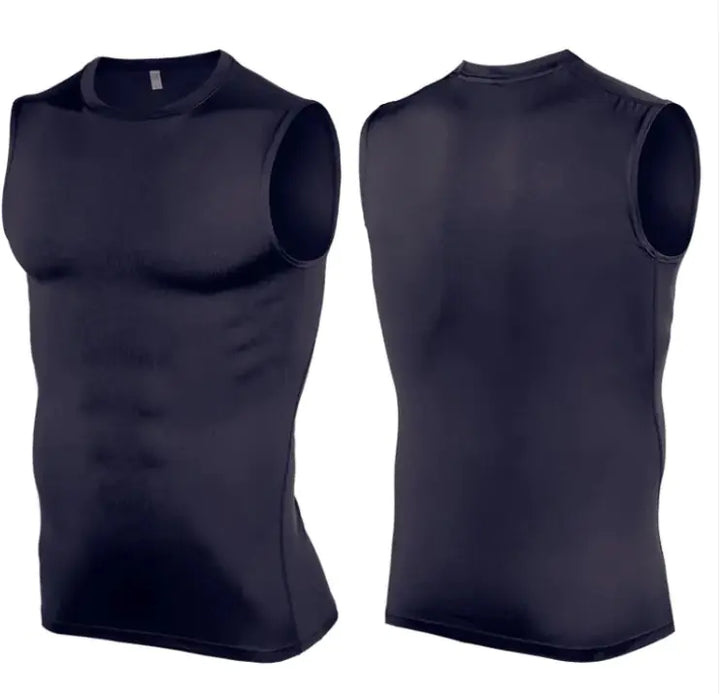 Black sleeveless shirt shown from front and back on a white background