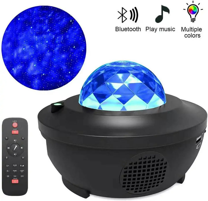 Black night light projector with blue light display, remote control, and Bluetooth, music, and color change icons.