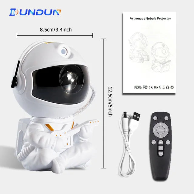 Astronaut nebula projector with dimensions, remote control, and cable on a white background