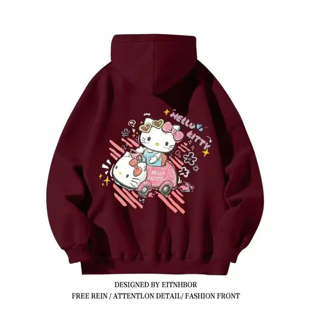 Maroon hoodie with Hello Kitty graphic on a white background