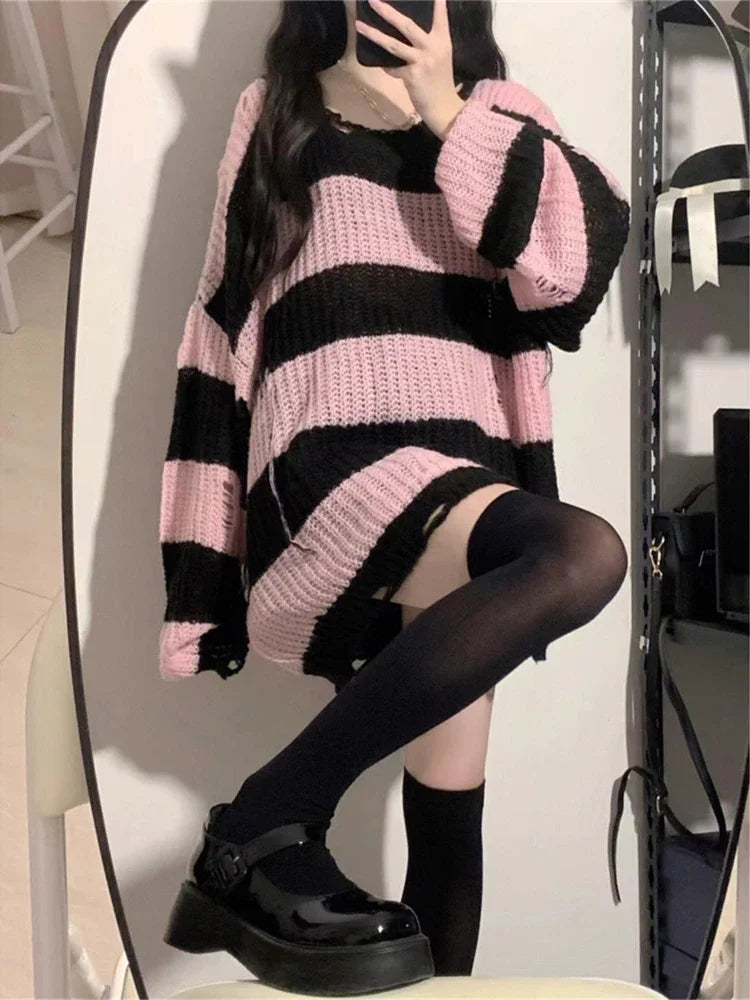 Deeptown Y2K Pink Striped Vintage Knitted Sweater