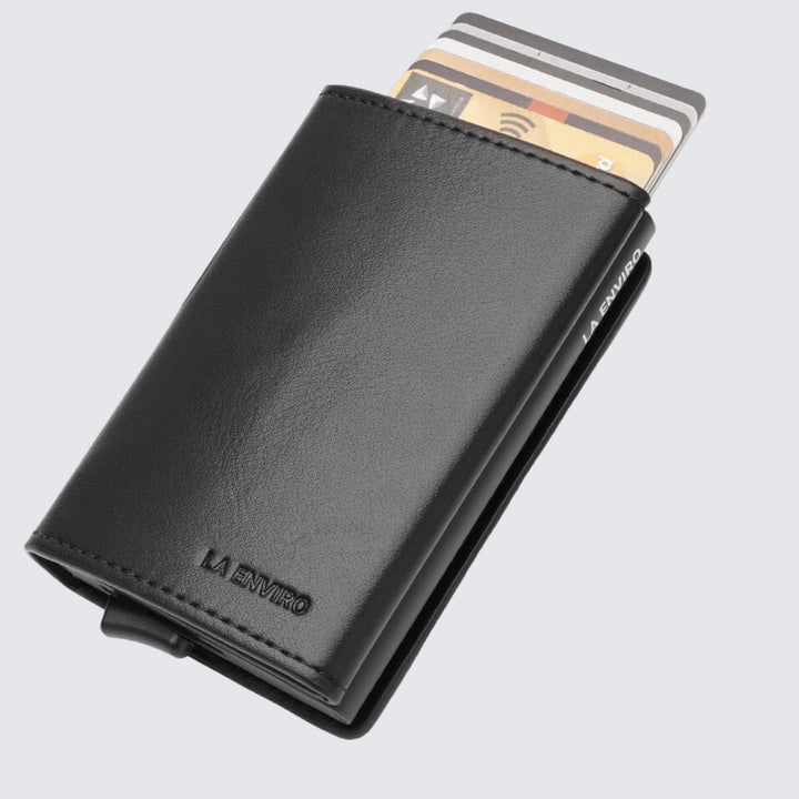 Black wallet with card holder on a light gray background