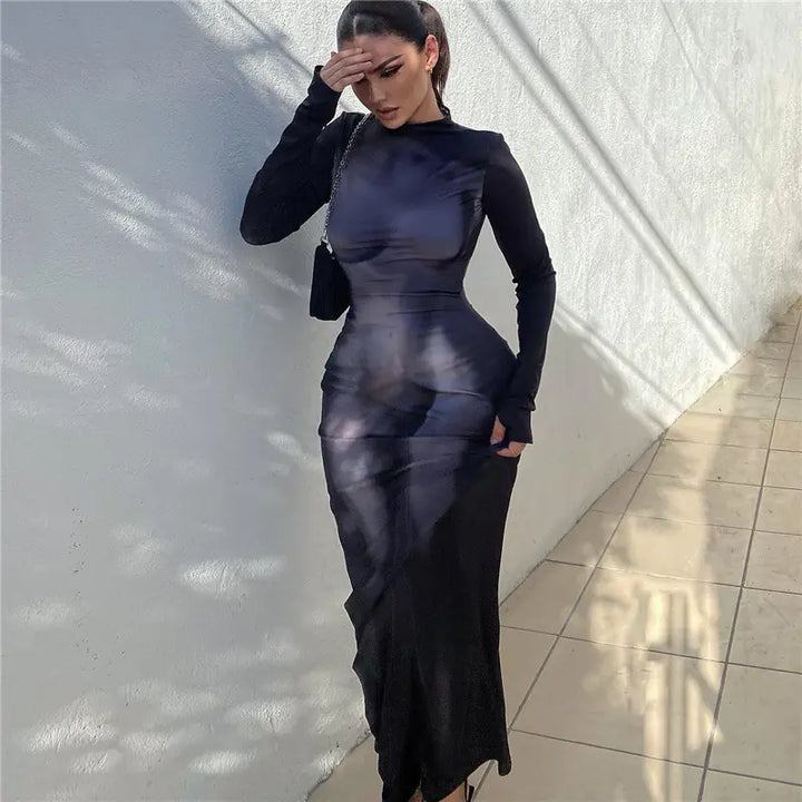 3D Body Print Round Neck Long Sleeve Dress for Women