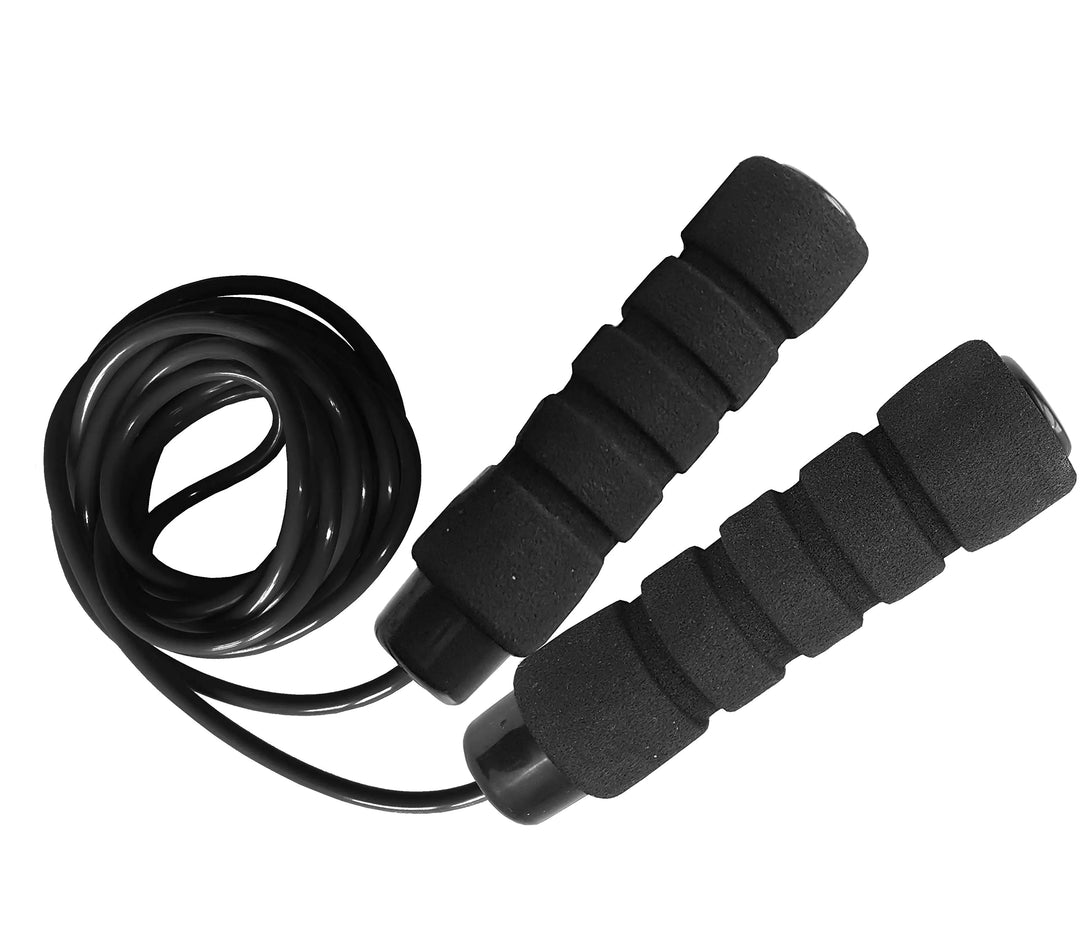 Black jump rope with foam handles on a white background