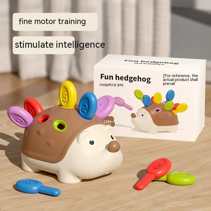 Hedgehog-shaped toy with colorful components next to its packaging on a wooden surface.