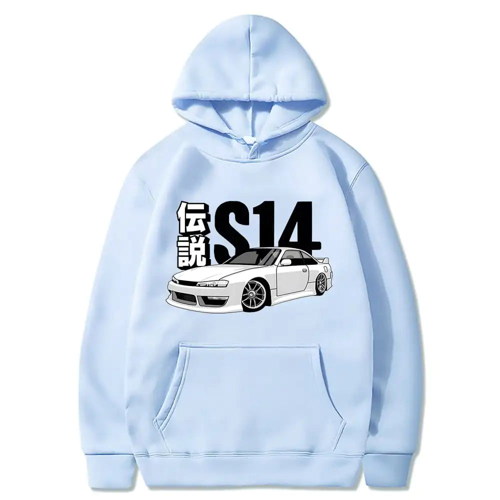 Light blue hoodie with car graphic and text on a white background
