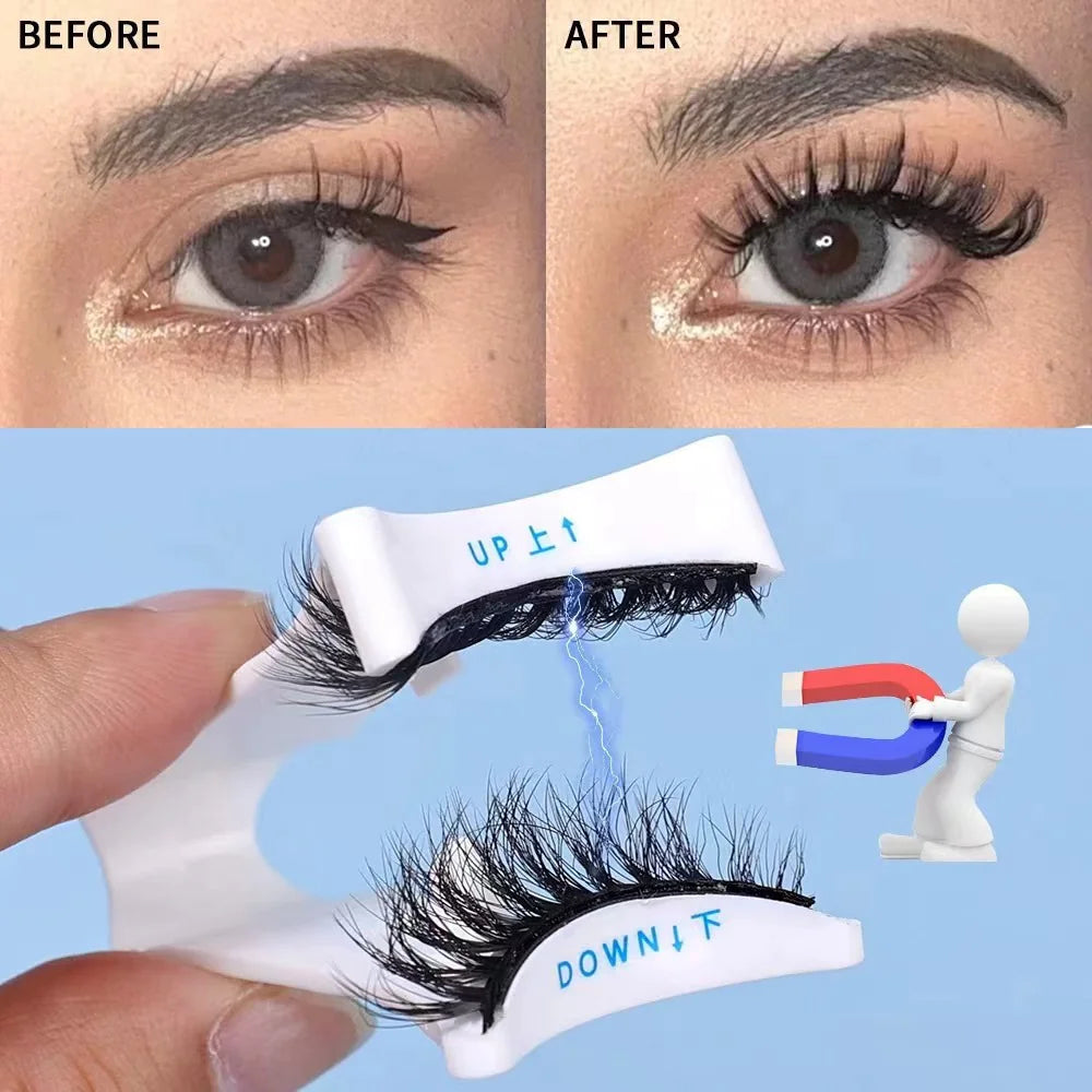 Eyelash application tool with 'UP' and 'DOWN' labels, showing before and after effect on eyes.