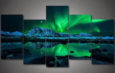 Five-panel canvas art of a mountain landscape with green aurora lights.