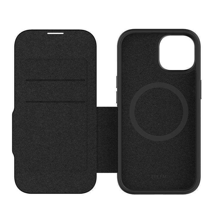 Black phone case with card holder and magnetic feature on a white background