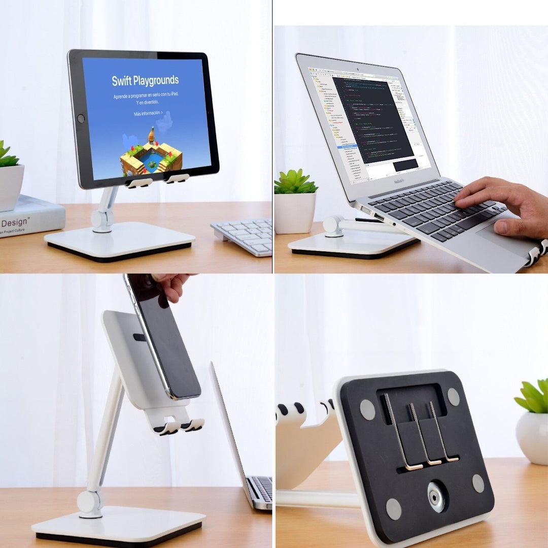 Collage of a adjustable desk stand in use with tablet, laptop, and smartphone on a light background.