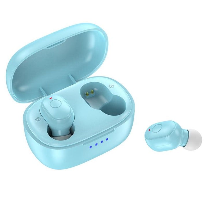 Blue wireless earbuds with charging case on a white background