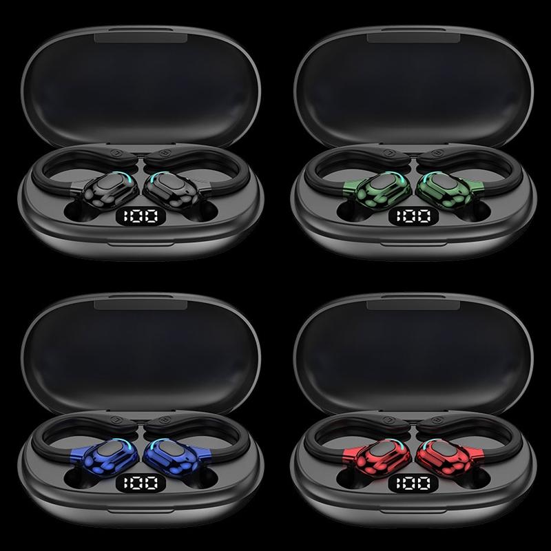 Four pairs of wireless earbuds in open cases with digital displays on a black background.