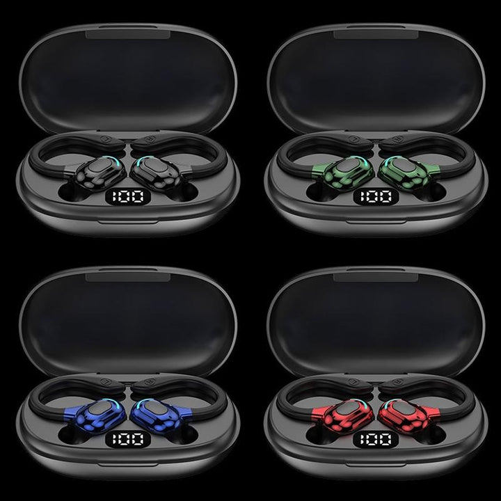Four pairs of wireless earbuds in open cases with digital displays on a black background.