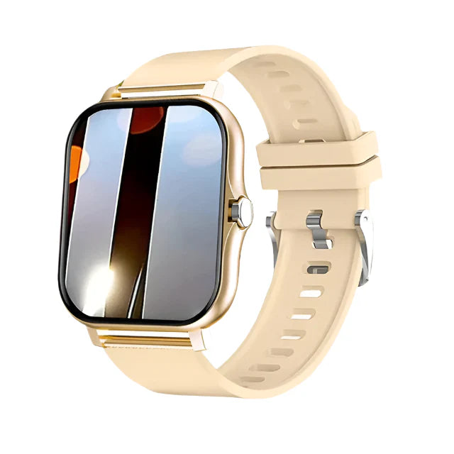 Smartwatch with gold case and beige band on a white background