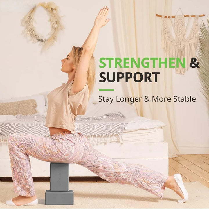Woman exercising on a block in a bedroom with text 'Strengthen & Support' and 'Stay Longer & More Stable'.