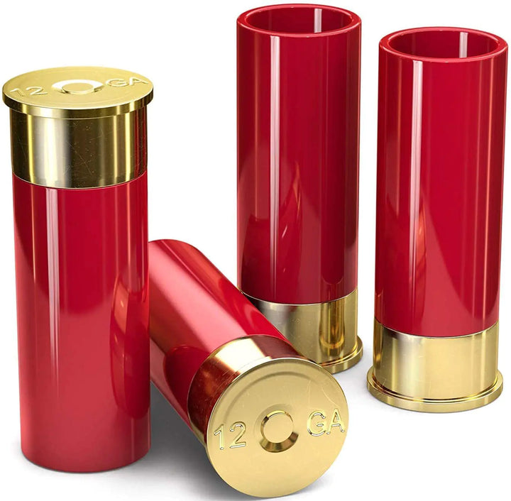 Red shotgun shells with gold metallic caps on a white background