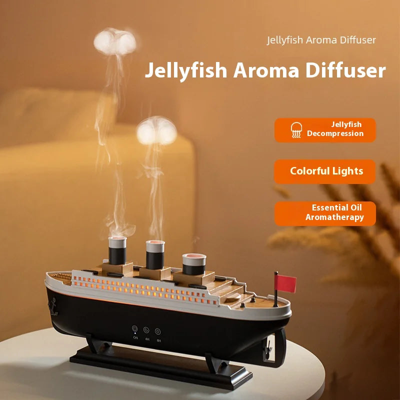 Jellyfish Aroma Diffuser with colorful lights and steam effect on a blurred background