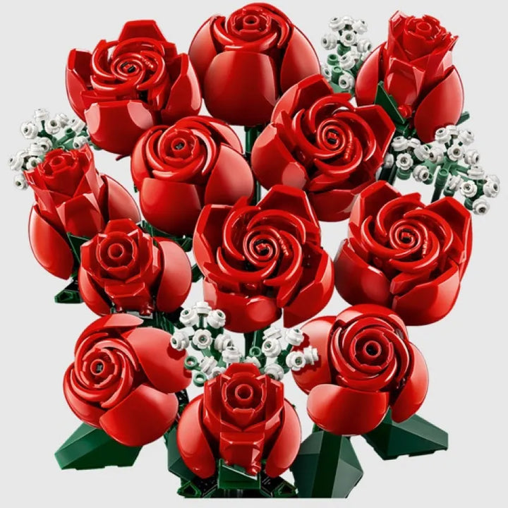 Bouquet of red roses made from interlocking bricks on a light gray background