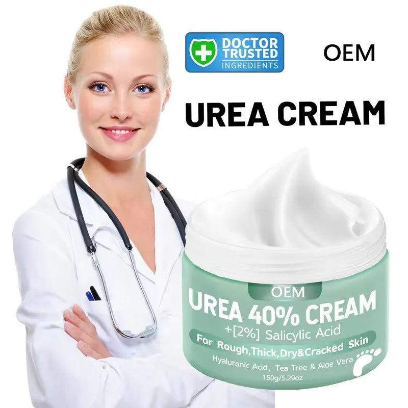 Woman in a white coat with a stethoscope holding a jar of Urea Cream, branded as 'Doctor Trusted'.