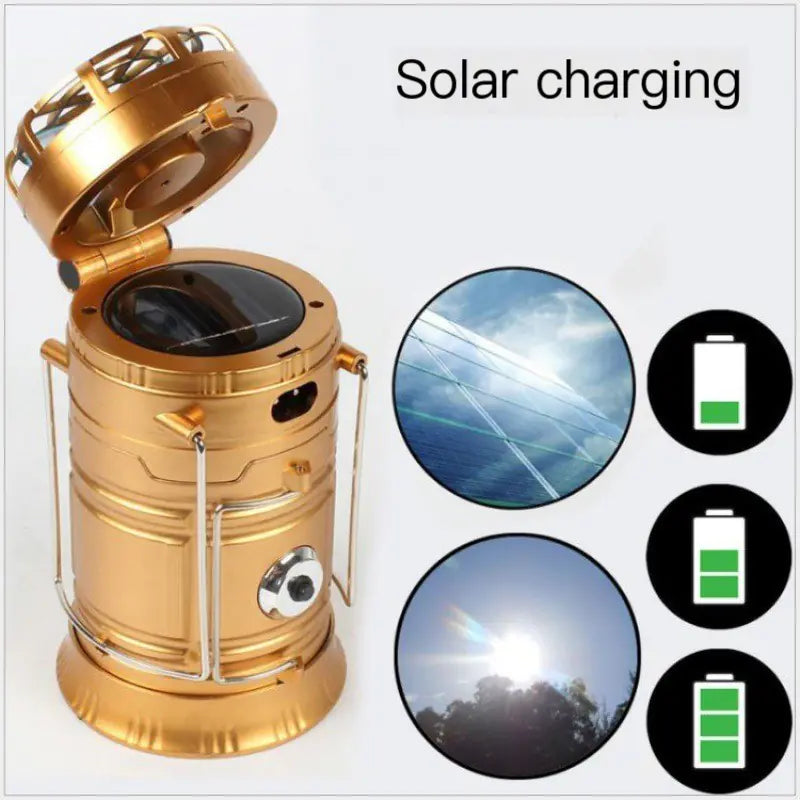 Gold solar lantern with charging icons and scenes on a white background