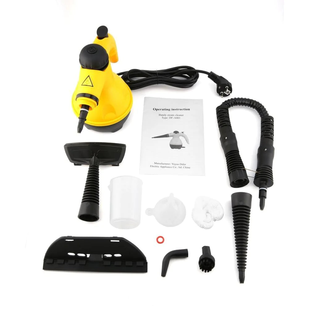 Yellow and black steam cleaner with attachments and instructions on a white background