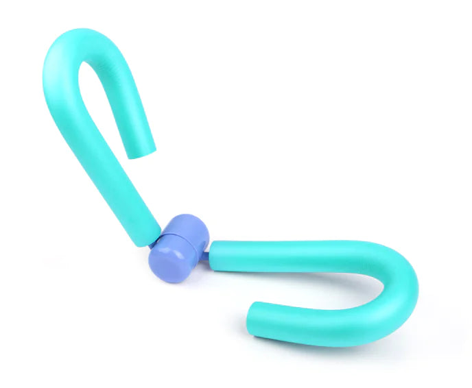 Turquoise and purple U-shaped tool on a white background