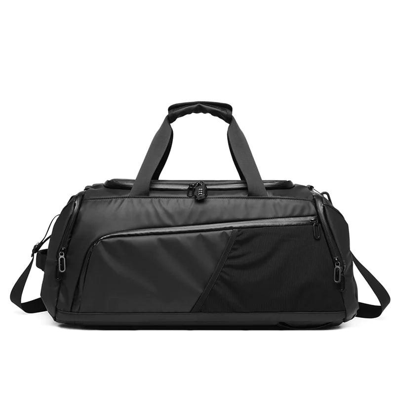 Black duffel bag on a white background