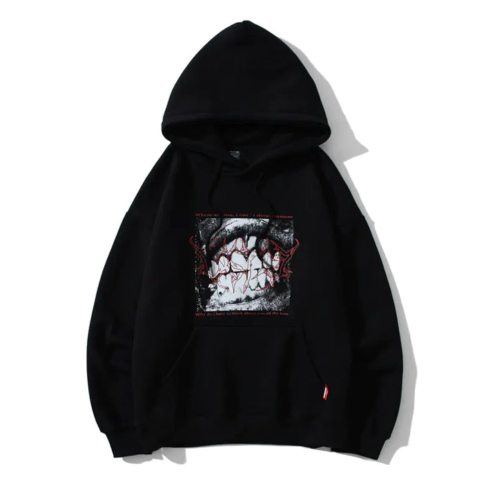Black hoodie with a graphic design on the chest against a white background