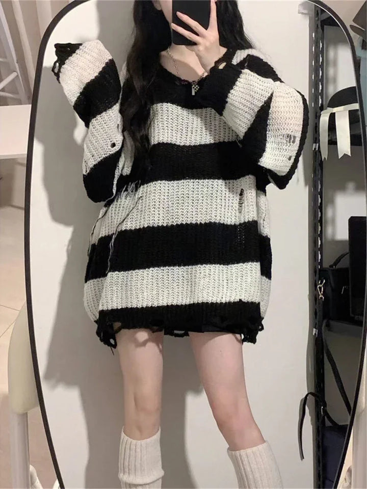 Deeptown Y2K Pink Striped Vintage Knitted Sweater