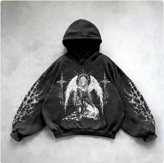 Black hoodie with angel design on a gray background