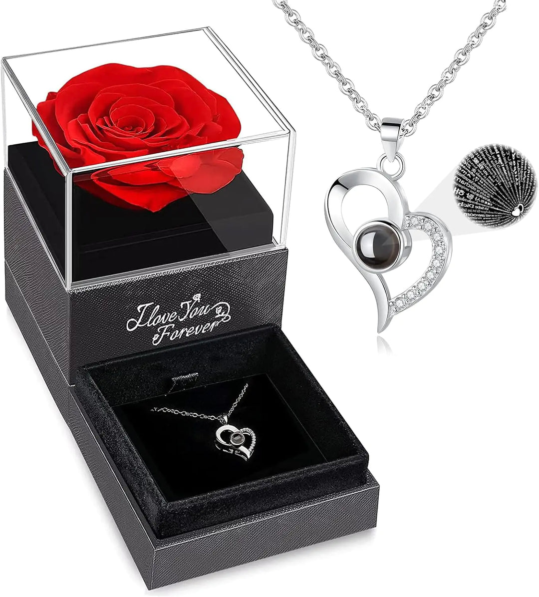 Heart-shaped necklace with a red rose in a glass box and a shell on a white background