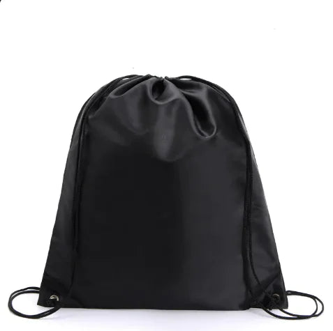 Black drawstring bag on a white background