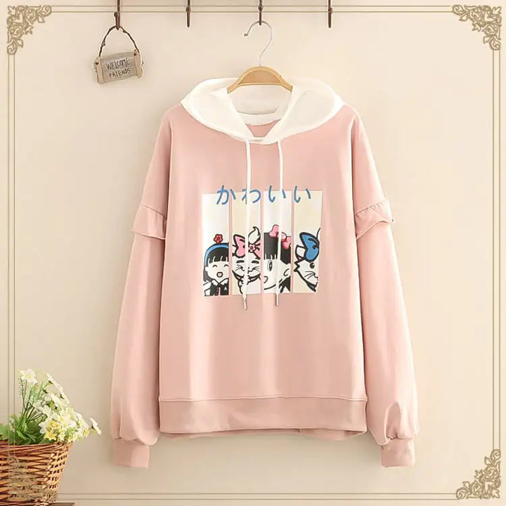 Casual Hoodies with Ruffles and Cartoon Print Cotton