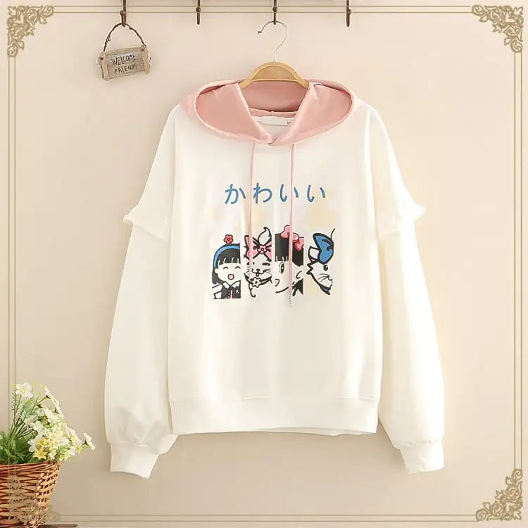 Casual Hoodies with Ruffles and Cartoon Print Cotton