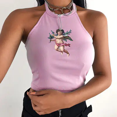 Backless Graphic Tank Top with Halter Neck Design