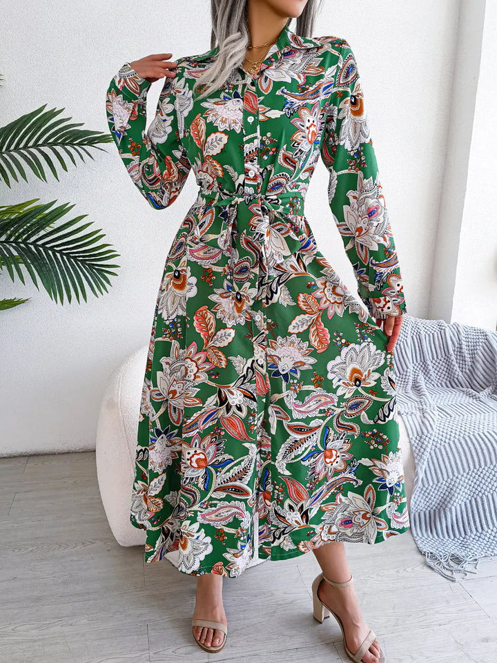 Retro Flower Print Long Sleeve Dress for Women 2023